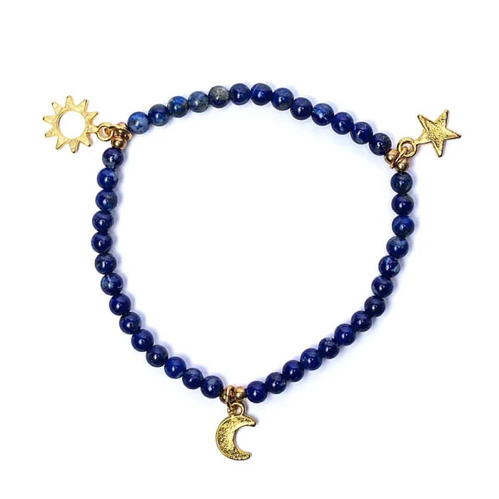 Armband Edelsteen Lapis Lazuli Sterren - Maan - Zon Bedels 4mm Kralen