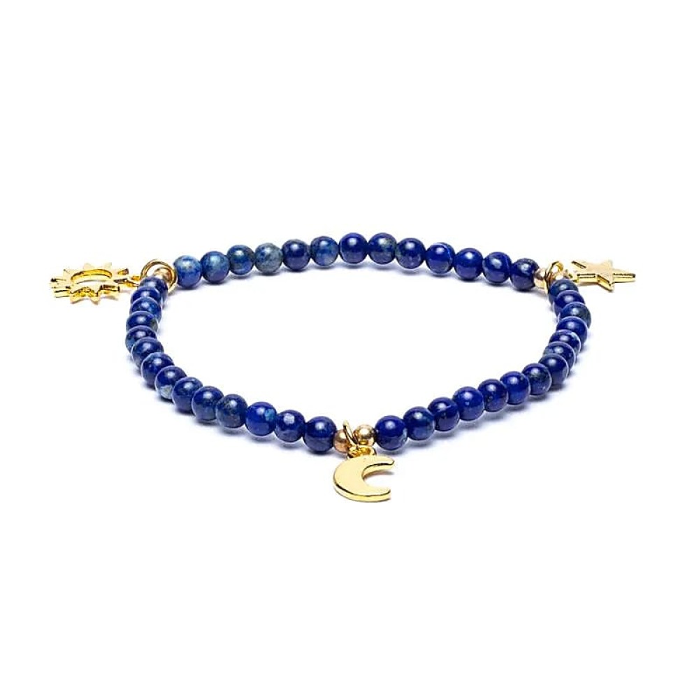 Armband Edelsteen Lapis Lazuli Sterren - Maan - Zon Bedels 4mm Kralen