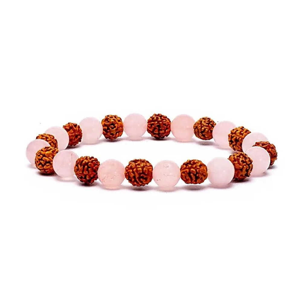 Armband Edelsteen Rudraksha - Rozenkwarts 8mm Kralen