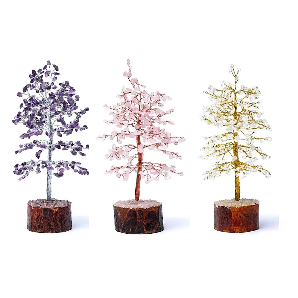 Gouden Driehoek Set Edelsteenboompjes 23cm Amethist, Rozenkwarts, Bergkristal